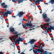 Fabric online Quebec double side minky / squish pattern of Montreal hockey players. Online fabric double side minky / squish with ice hockey players.