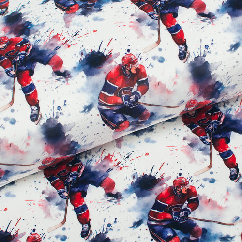 Tissu en ligne Québec double side minky / squish motif de joueurs de hockey de Montréal. Online fabric double side minky / squish with ice hockey players.