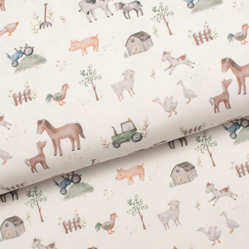 Tissu en ligne Québec jersey de coton lycra motif d'animaux de ferme. Online fabric cotton spandex jersey knit with farm animal.