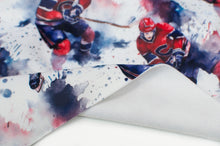 Fabric online Quebec double side minky / squish pattern of Montreal hockey players. Online fabric double side minky / squish with ice hockey players.