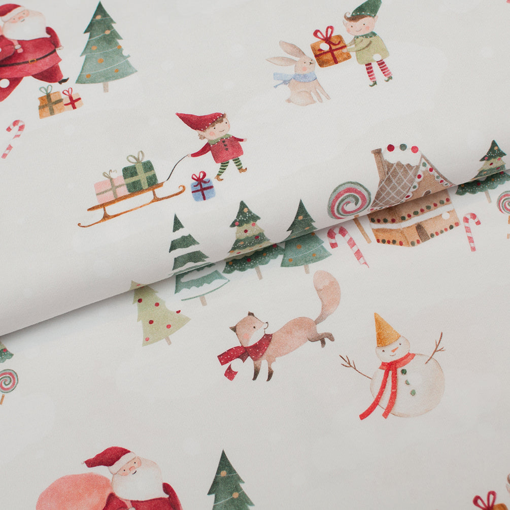 Tissu en ligne Québec french terry de coton lycra motif de Noël. Online fabric cotton spandex french terry knit with christmas design.