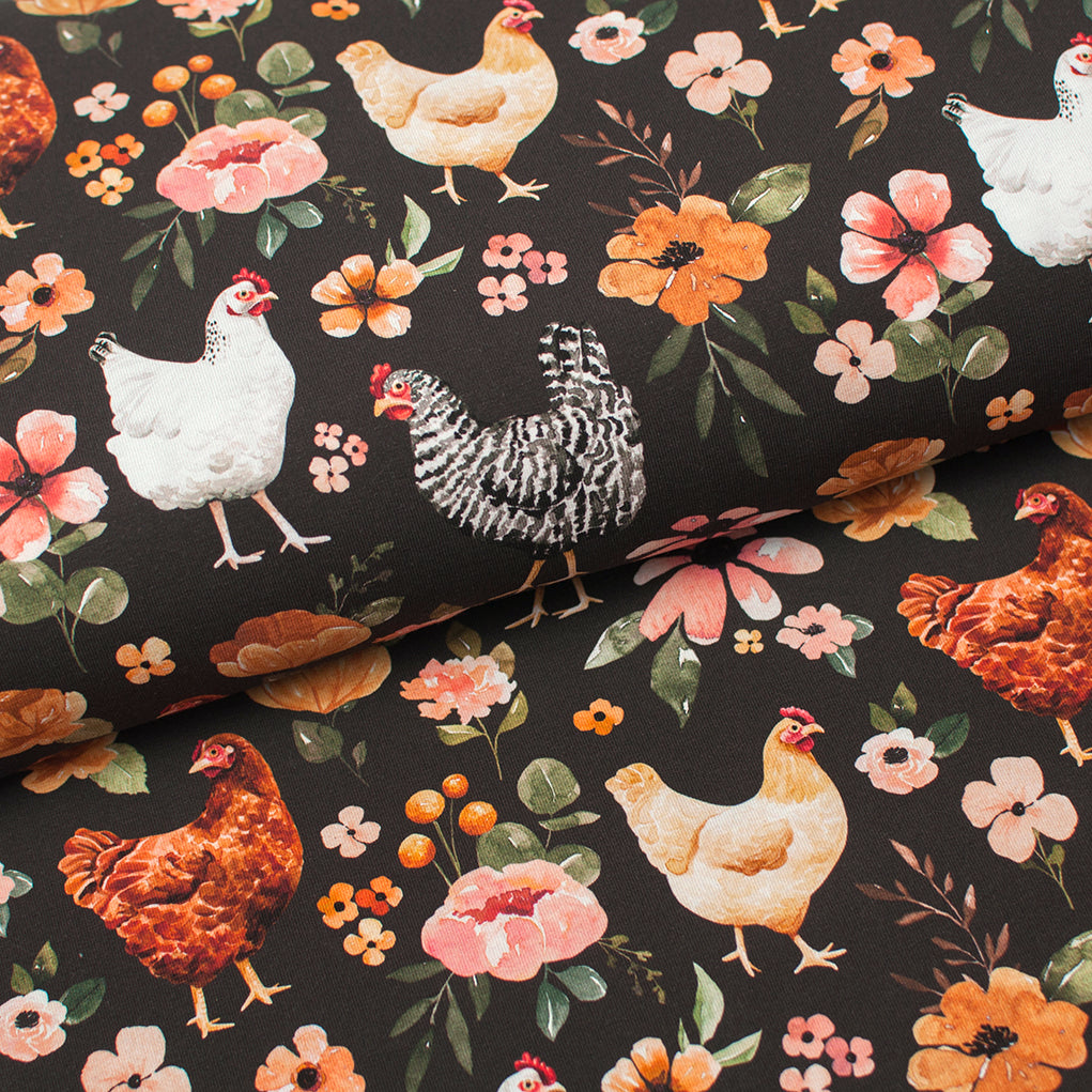 Tissu en ligne Québec jersey de coton spandex motif de poules et de fleurs. Online fabric store cotton lycra jersey knit with hens and flowers.