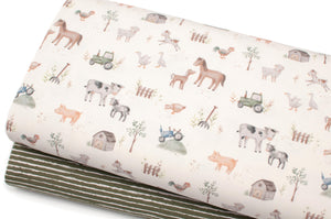 Tissu en ligne Québec jersey de coton lycra motif d'animaux de ferme. Online fabric cotton spandex jersey knit with farm animal.