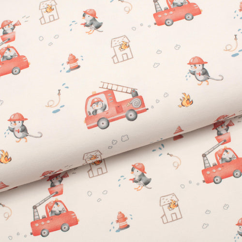 Tissu en ligne Québec jersey de coton lycra motif de pingouin pompier. Online fabric cotton spandex jersey knit with pinguin firefighters.