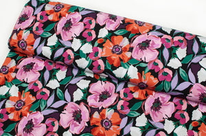 Tissu en ligne Québec french terry de coton lycra motif de grosses fleurs. Online Canadian fabric cotton spandex french terry with big flowers.