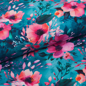 Tissu en ligne Québec jersey de coton spandex motif de fleurs. Online fabric store cotton lycra jersey knit with flowers.