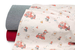 Tissu en ligne Québec jersey de coton lycra motif de pingouin pompier. Online fabric cotton spandex jersey knit with pinguin firefighters.