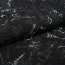 Tissu en ligne Québec jersey de coton lycra motif de guitares électriques. Online fabric cotton spandex jersey knit with electric guitar.