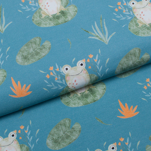 Tissu en ligne jersey de coton lycra motif de grenouille. Online fabric cotton jersey knit with frog.