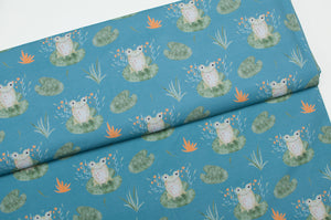 Frog motif lycra cotton jersey line fabric. Online fabric cotton jersey knit with frog.