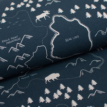 Cotton spandex jersey line fabric with world map, travel, mountain, deer pattern. Online fabric cotton lycra jersey knit with world map, travel, deer, mountain.