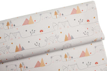 Tissu en ligne Québec french terry de coton lycra motif d'animaux ours, faon, hibou, renard. Online fabric cotton spandex french terry knit with owl, fox, bear, deer.