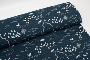 Cotton spandex jersey line fabric with world map, travel, mountain, deer pattern. Online fabric cotton lycra jersey knit with world map, travel, deer, mountain.