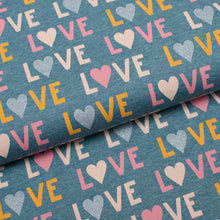 Tissu en ligne Québec jersey de coton lycra motif de Saint-Valentin. Online fabric cotton spandex jersey knit with love print.