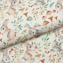 Tissu en ligne Québec jersey de coton lycra motif de lapin et de champignon. Online fabric store cotton spandex jersey knit with rabbit and mushrrom.