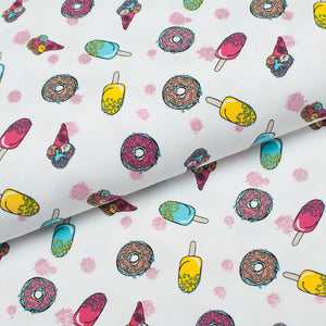 Shiny lycra cotton jersey line fabric with popsicle, ice cream and donut summer sweets patterns. Online fabric cotton spandex glitter jersey knit with popsicle, ice cream and donut.