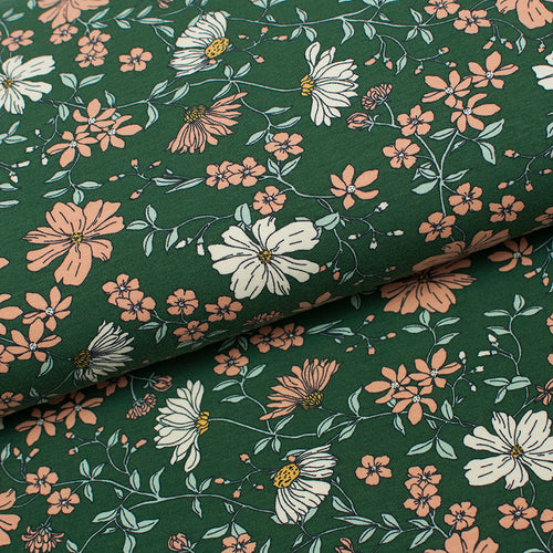 Tissu en ligne Québec jersey de coton lycra motif de fleurs vintage. Online fabric jersey cotton spandex knit with vintage flowers.