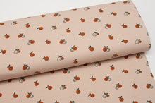 Tissu en ligne Québec jersey de coton lycra motif de fruit orange clémentine. Online fabric cotton spandex jersey knit with orange fruit.