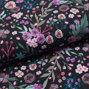 Tissu en ligne jersey de coton lycra motif de fleurs. Online fabric cotton jersey knit with flowers