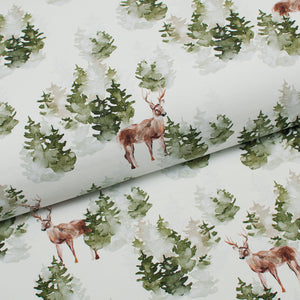Tissu en ligne Québec french terry de coton lycra motif de chevreuil en forêt. Online fabric cotton spandex french terry knit with deer in a forest.