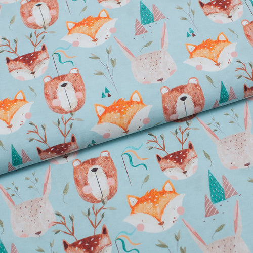 Tissu en ligne jersey de coton lycra motif de renard, lapin, ours, chevreuil. Online fabric cotton jersey knit with bear, fox, rabbit, deer.