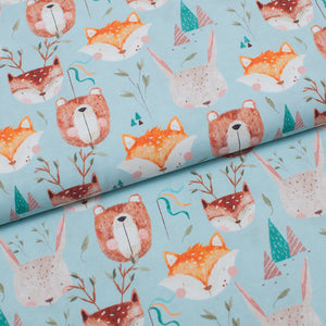 Cotton lycra jersey fabric with fox, rabbit, bear, deer pattern. Online fabric cotton jersey knit with bear, fox, rabbit, deer.