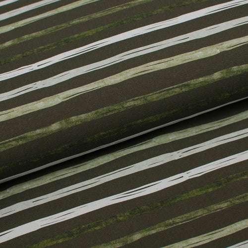 Tissu en ligne Québec french terry de coton lycra motif de rayures vertes. Online fabric cotton spandex french terry knit with green stripe.