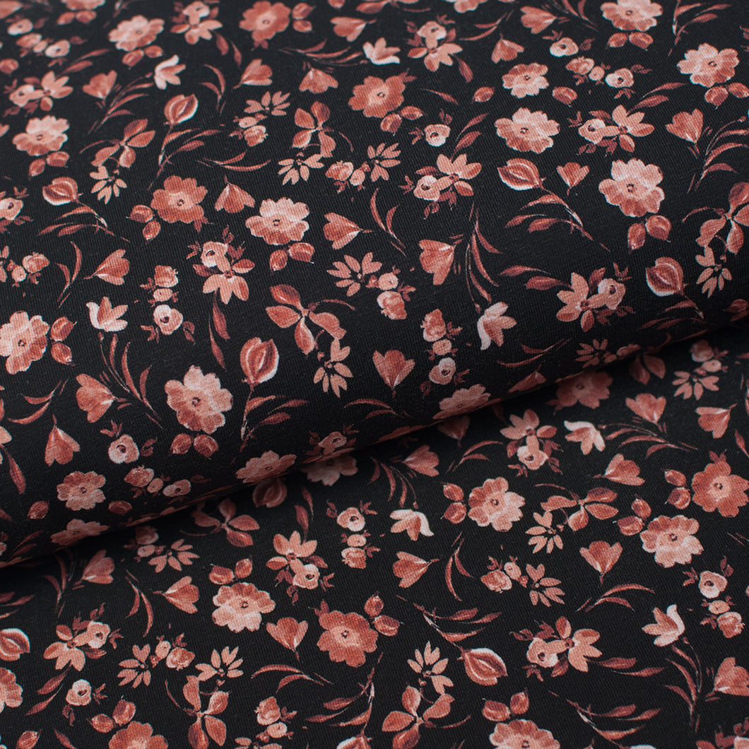 Tissu en ligne jersey de coton lycra motif de fleurs. Online fabric cotton spandex jersey knit with flowers.