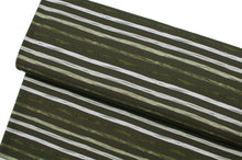 Tissu en ligne Québec french terry de coton lycra motif de rayures vertes. Online fabric cotton spandex french terry knit with green stripe.