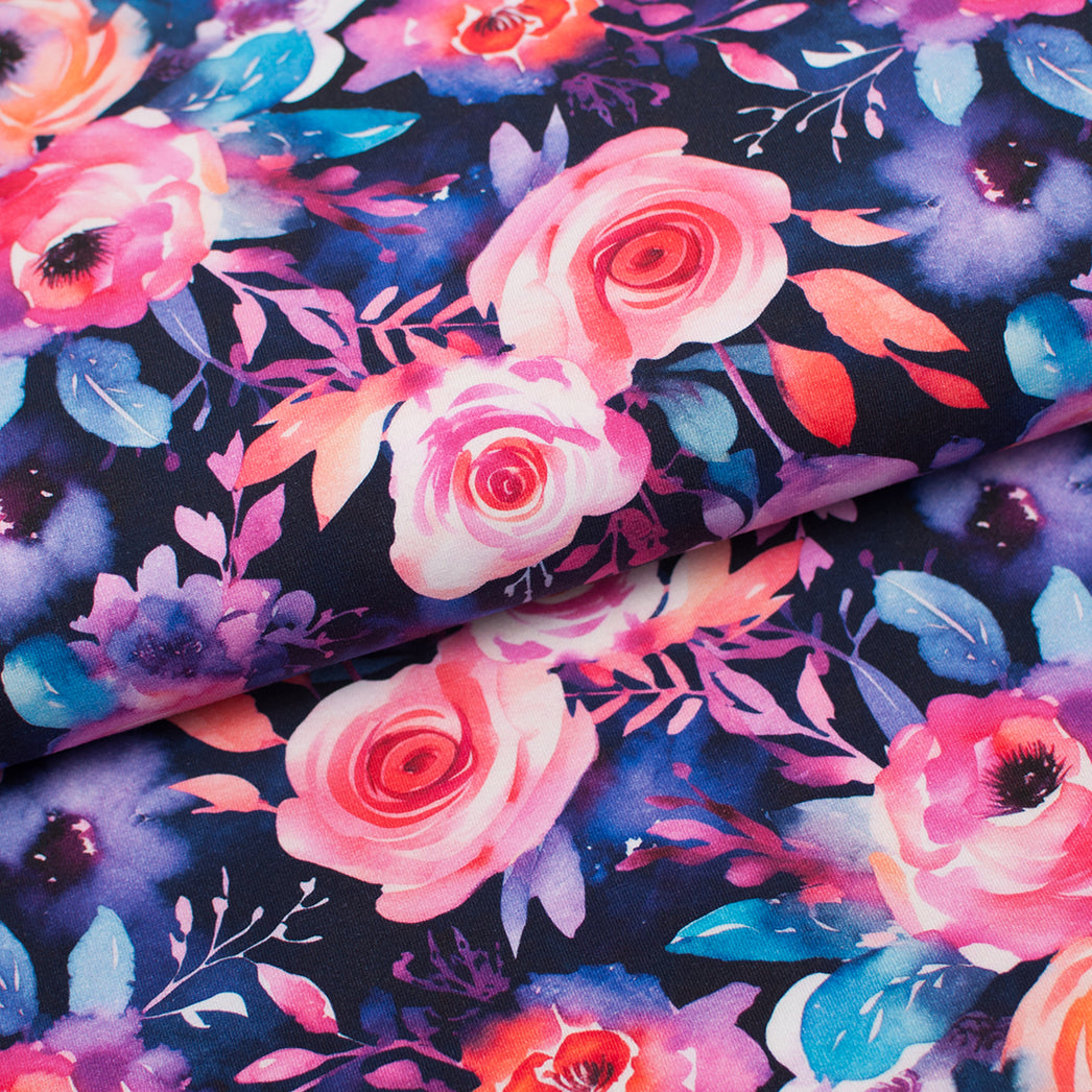 Tissu en ligne Québec jersey de coton lycra motif de fleurs. Online fabric cotton spandex jersey knit with floral design.
