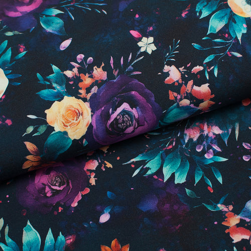 Tissu en ligne Québec french terry de coton lycra motif de fleurs. Online Canadian fabric store cotton spandex french terry knit with flowers.