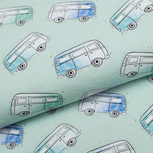 Tissu en ligne Québec jersey de coton lycra motif de caravane westfalia de camping. Online fabric  cotton spandex jersey knit qith westfalia caravan camping car.