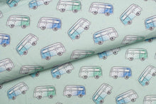 Tissu en ligne Québec jersey de coton lycra motif de caravane westfalia de camping. Online fabric cotton spandex jersey knit qith westfalia caravan camping car.