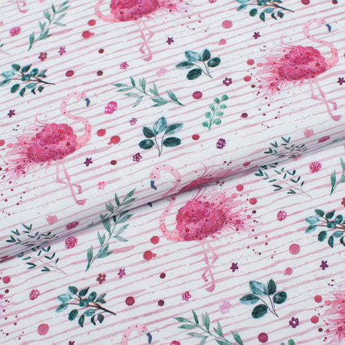 Tissu en ligne double brushed poly avec flamant rose. Online fabric double brushed fabric with flamingo.