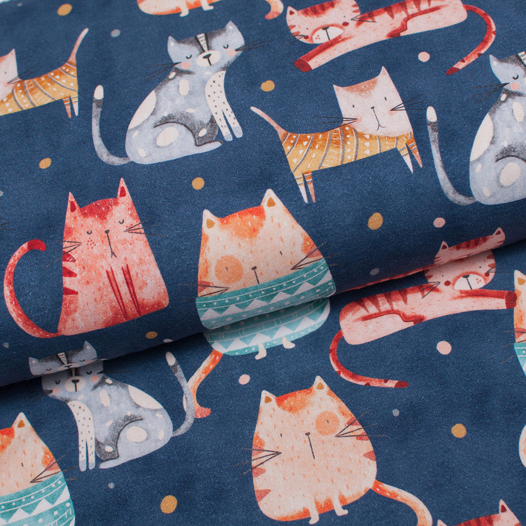 Tissu en ligne Québec jersey de coton lycra motif de chats. Online fabric cotton jersey spandex knit with cats.