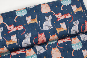 Tissu en ligne Québec jersey de coton lycra motif de chats. Online fabric cotton jersey spandex knit with cats.