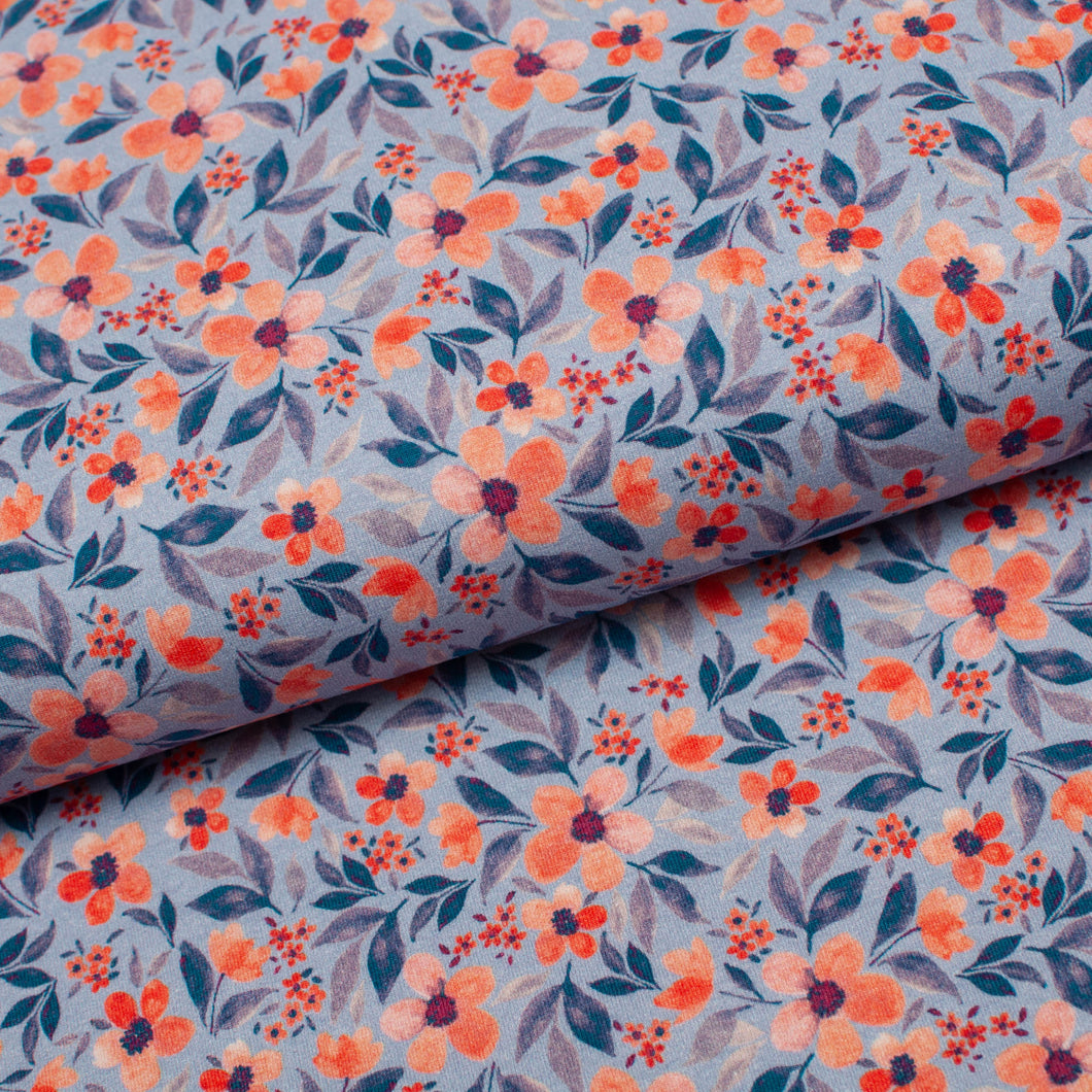 Tissu en ligne Québec jersey de coton lycra motif de fleurs. Online fabric cotton spandex jersey knit with flowers.