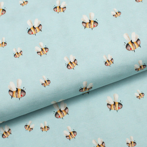 Tissu en ligne Québec jersey de coton lycra motif d'abeille. Online fabric cotton spandex jersey knit with bee.