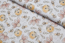 Faux leather, faux leather, leatherette line fabric with flower and bee pattern. Online fabric leather with bee and flowers.