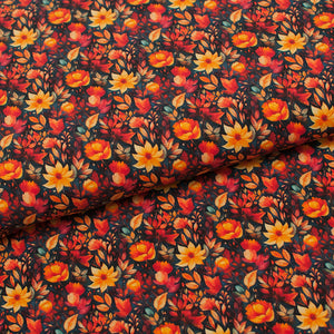 Tissu en ligne Québec jersey de coton lycra motif de fleur d'automne. Online fabric cotton spandex jersey knit with flowers.
