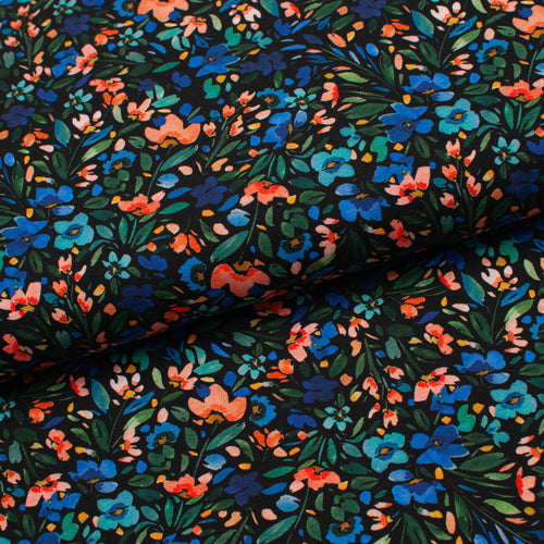 Tissu en ligne Québec jersey de coton lycra motif de petites fleurs. Online fabric jersey cotton spandex knit with small flowers.