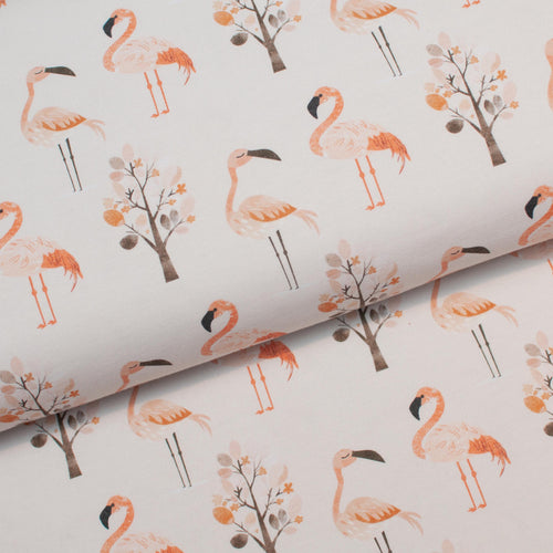 Tissu en ligne Québec jersey de coton lycra motif de flamant rose. Online Canadian fabric store cotton spandex jersey knit with flamingo.