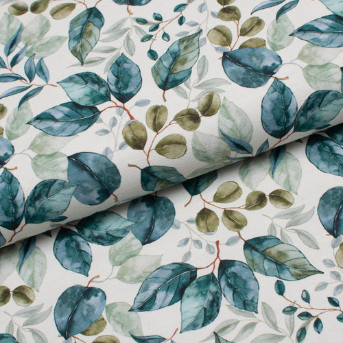 Tissu en ligne Québec jersey de coton lyvra motif de feuilles de plantes. Online fabric cotton spandex jersey knit with leaves.