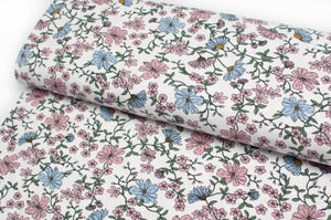 Tissu en ligne Québec jersey de coton lycra motif de fleurs vintage. Online fabric jersey cotton spandex knit with vintage flowers.