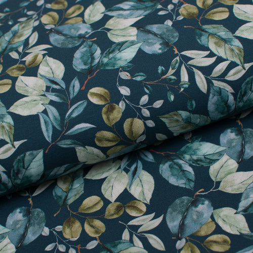 Tissu en ligne Québec jersey de coton lyvra motif de feuilles de plantes. Online fabric cotton spandex jersey knit with leaves.