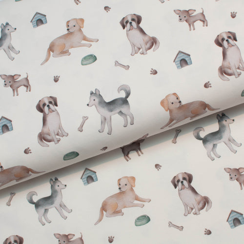 Tissu en ligne Québec jersey de coton lycra motif de chien. Online fabric cotton spandex jersey knit with dog.