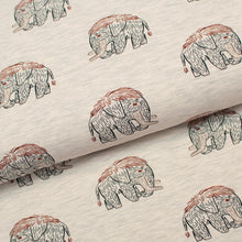 Tissu en ligne Québec jersey de coton lycra motif de mammouth. Online fabric cotton spandex jersey knit with mammoth.