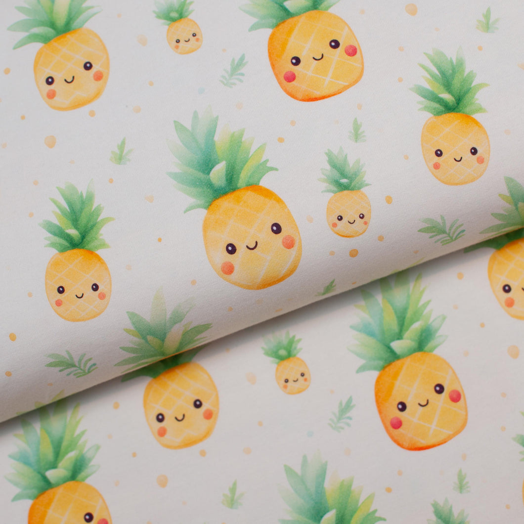 Tissu en ligne Québec jersey de coton lycra motif d'ananas kawaii. Online Canadian fabric store cotton spandex jersey knit with kawaii pineapple.