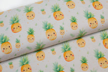 Tissu en ligne Québec jersey de coton lycra motif d'ananas kawaii. Online Canadian fabric store cotton spandex jersey knit with kawaii pineapple.