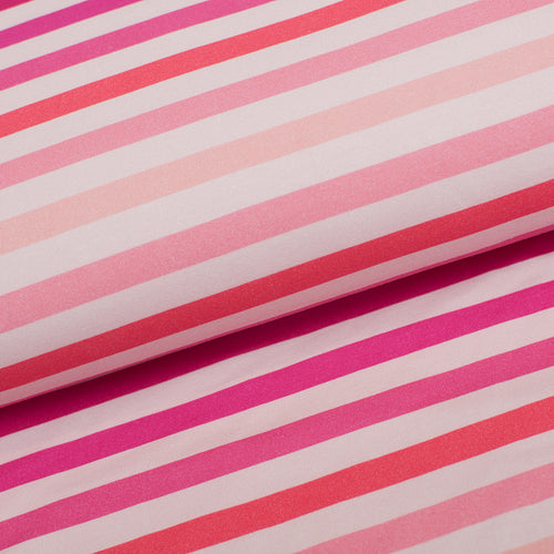 Tissu en ligne Québec jersey de coton lycra motif de Saint-Valentin avec rayure rose. Online fabric cotton spandex jersey knit with pink stripe print.